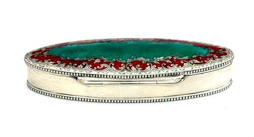 A Large Antique Guilloche Enamel and Silver Navette Shaped Box with Hinged Lid.