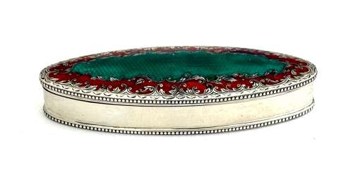 A Large Antique Guilloche Enamel and Silver Navette Shaped Box with Hinged Lid.