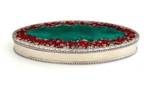 A Large Antique Guilloche Enamel and Silver Navette Shaped Box with Hinged Lid.