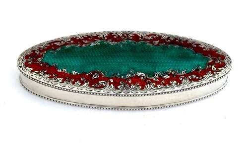 A Large Antique Guilloche Enamel and Silver Navette Shaped Box with Hinged Lid.