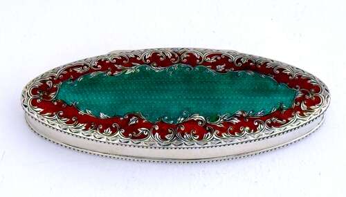 A Large Antique Guilloche Enamel and Silver Navette Shaped Box with Hinged Lid.