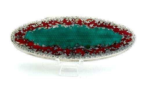 A Large Antique Guilloche Enamel and Silver Navette Shaped Box with Hinged Lid.