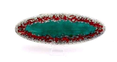 A Large Antique Guilloche Enamel and Silver Navette Shaped Box with Hinged Lid.
