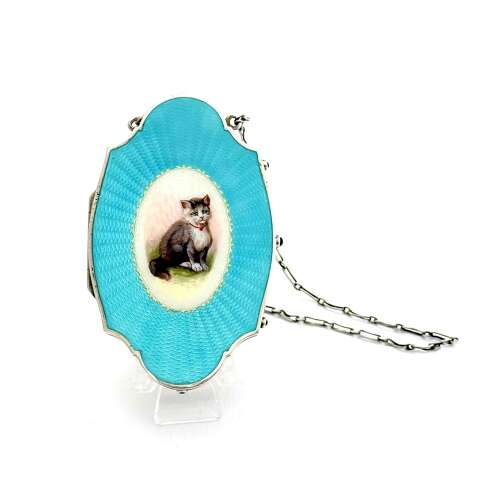 Exquisite Antique Silver and Turquosie Guilloche Enamel Compact Case with a Gorgeous Cat