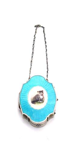 Exquisite Antique Silver and Turquosie Guilloche Enamel Compact Case with a Gorgeous Cat