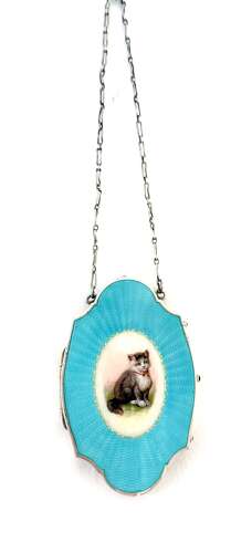 Exquisite Antique Silver and Turquosie Guilloche Enamel Compact Case with a Gorgeous Cat
