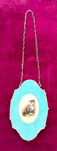 Exquisite Antique Silver and Turquosie Guilloche Enamel Compact Case with a Gorgeous Cat
