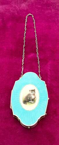 Exquisite Antique Silver and Turquosie Guilloche Enamel Compact Case with a Gorgeous Cat