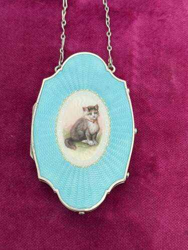 Exquisite Antique Silver and Turquosie Guilloche Enamel Compact Case with a Gorgeous Cat