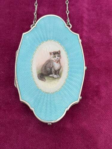 Exquisite Antique Silver and Turquosie Guilloche Enamel Compact Case with a Gorgeous Cat