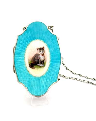 Exquisite Antique Silver and Turquosie Guilloche Enamel Compact Case with a Gorgeous Cat