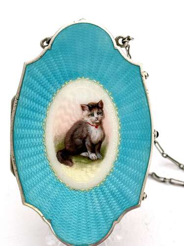 Exquisite Antique Silver and Turquosie Guilloche Enamel Compact Case with a Gorgeous Cat