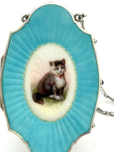 Exquisite Antique Silver and Turquosie Guilloche Enamel Compact Case with a Gorgeous Cat