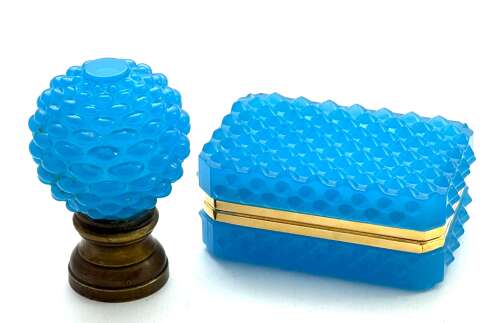 Antique French Blue Opaline Glass Boule D'Escalier