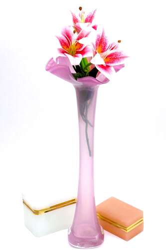 A Tall Pink Opaline Glass Vase with Undulating Rim.