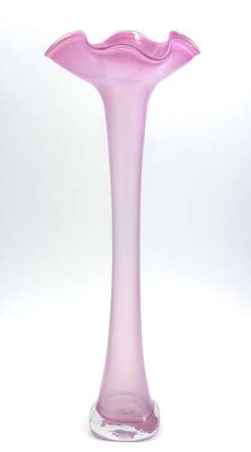 A Tall Pink Opaline Glass Vase with Undulating Rim.