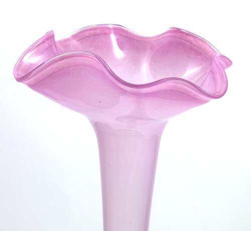 A Tall Pink Opaline Glass Vase with Undulating Rim.