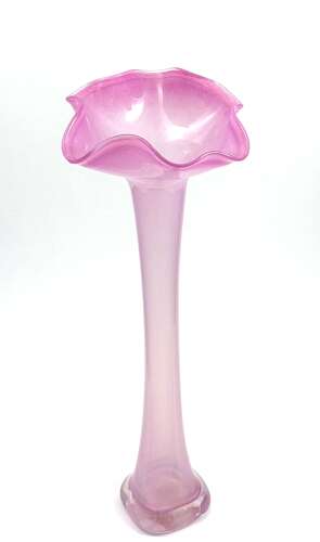 A Tall Pink Opaline Glass Vase with Undulating Rim.