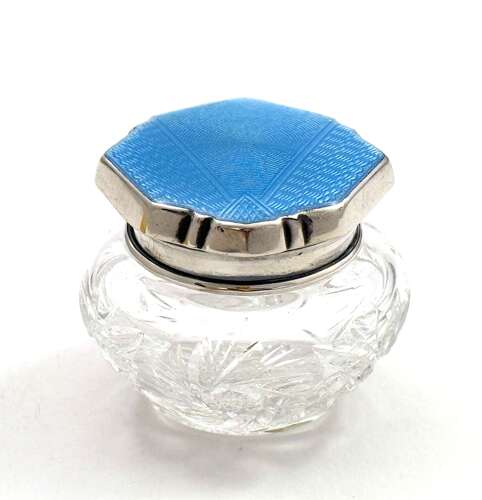 A Small Art Deco Silver and Powder Blue Guilloche Enamel Jar dated 1935.
