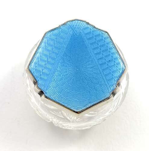 A Small Art Deco Silver and Powder Blue Guilloche Enamel Jar dated 1935.