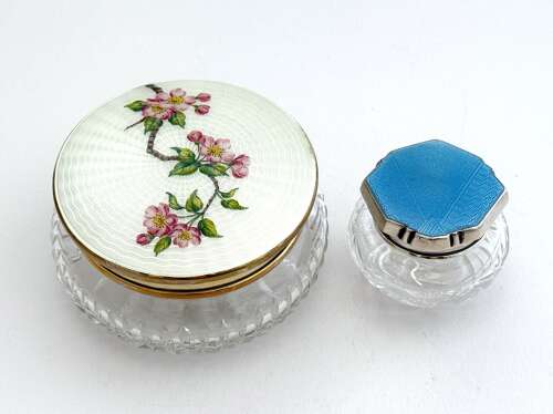A Small Art Deco Silver and Powder Blue Guilloche Enamel Jar dated 1935.