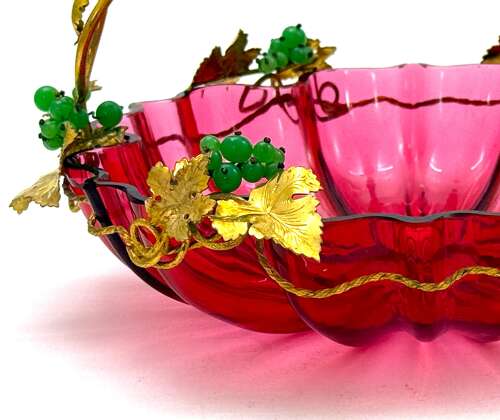 Large Antique Palais Royal Cranberry Crystal Glass Basket