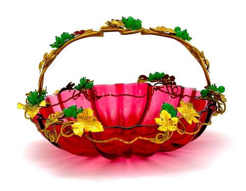 Large Antique Palais Royal Cranberry Crystal Glass Basket