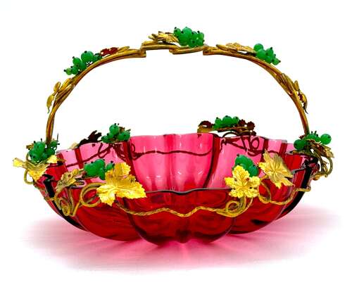 Large Antique Palais Royal Cranberry Crystal Glass Basket
