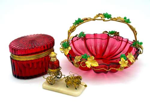 Large Antique Palais Royal Cranberry Crystal Glass Basket