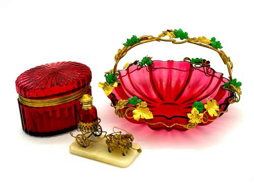 Large Antique Palais Royal Cranberry Crystal Glass Basket