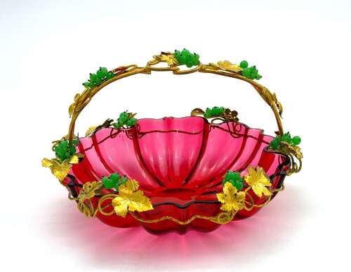 Large Antique Palais Royal Cranberry Crystal Glass Basket