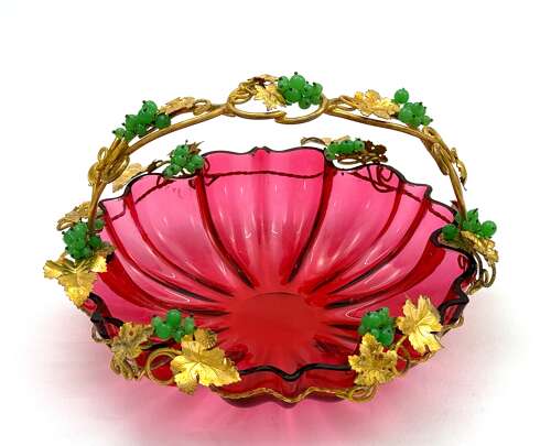 Large Antique Palais Royal Cranberry Crystal Glass Basket