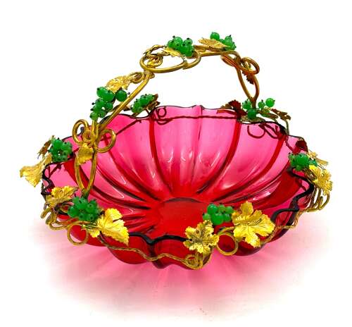 Large Antique Palais Royal Cranberry Crystal Glass Basket