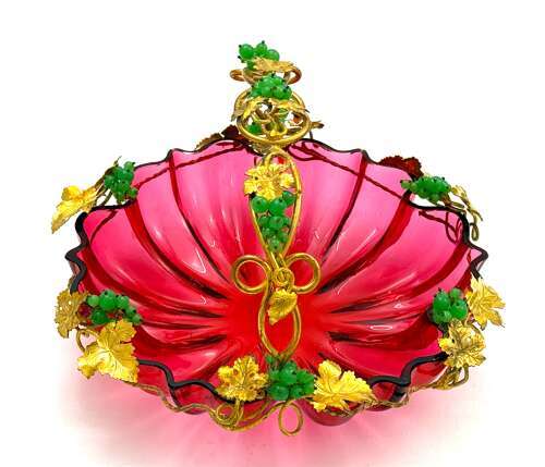 Large Antique Palais Royal Cranberry Crystal Glass Basket