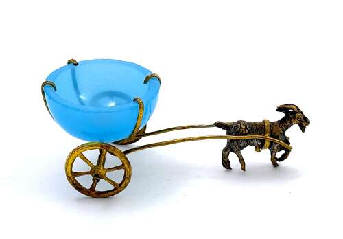 Antique French Palais Royal Blue Opaline Glass Thimble Holder Pulled by a Dore Bronze Goat
