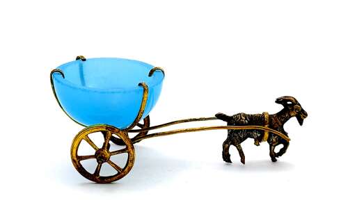 Antique French Palais Royal Blue Opaline Glass Thimble Holder Pulled by a Dore Bronze Goat