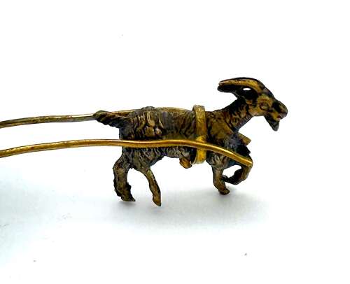 Antique French Palais Royal Blue Opaline Glass Thimble Holder Pulled by a Dore Bronze Goat