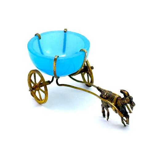 Antique French Palais Royal Blue Opaline Glass Thimble Holder Pulled by a Dore Bronze Goat