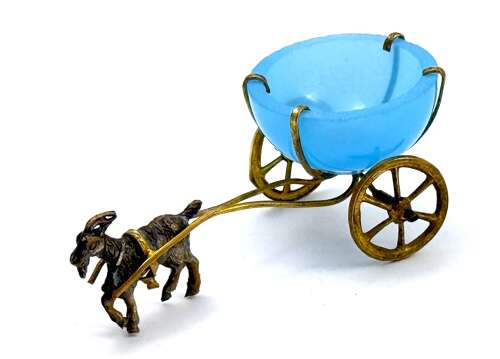 Antique French Palais Royal Blue Opaline Glass Thimble Holder Pulled by a Dore Bronze Goat
