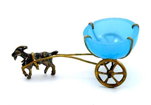 Antique French Palais Royal Blue Opaline Glass Thimble Holder Pulled by a Dore Bronze Goat