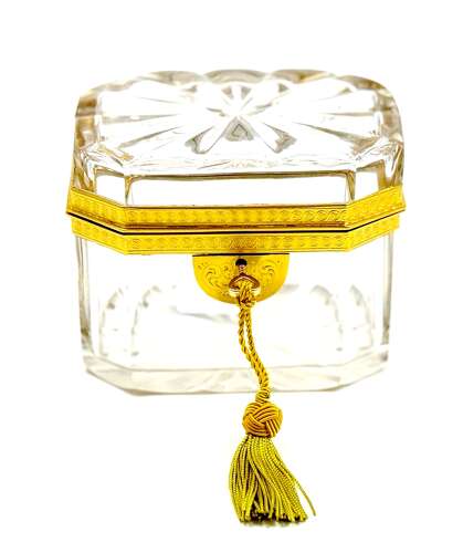 Antique French Cut Crystal Casket with Fancy Dore Bronze Mounts.