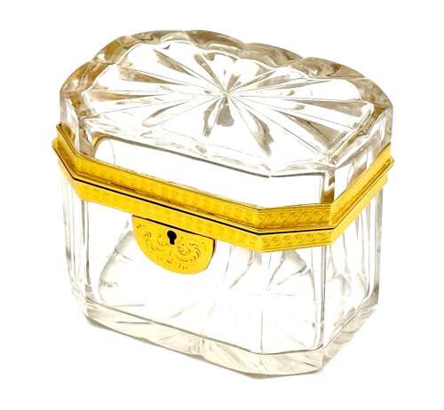 Antique French Cut Crystal Casket with Fancy Dore Bronze Mounts.