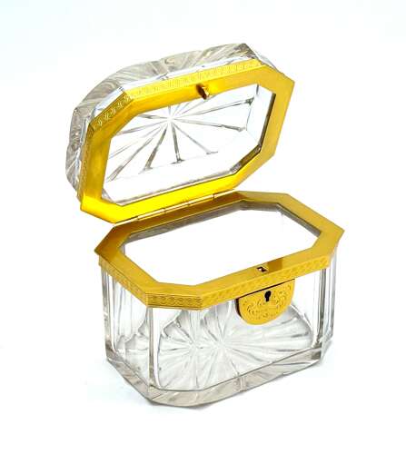 Antique French Cut Crystal Casket with Fancy Dore Bronze Mounts.