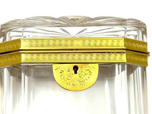 Antique French Cut Crystal Casket with Fancy Dore Bronze Mounts.