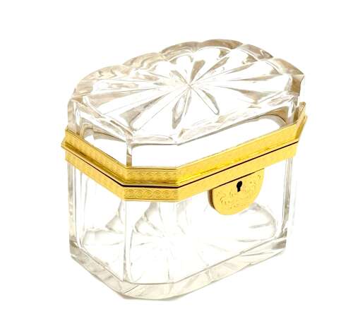 Antique French Cut Crystal Casket with Fancy Dore Bronze Mounts.