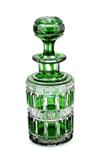 Large Antique BACCARAT Green Cut Crystal Glass Perfume Bottle with Original Stopper.  