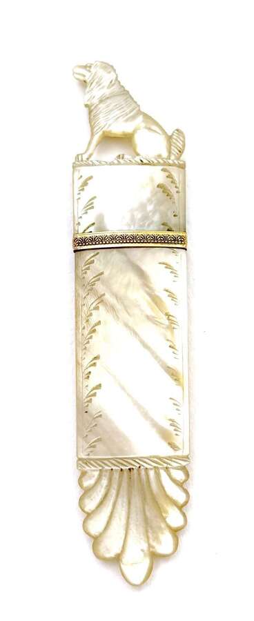 Antique French Charles X Palais Royal Mother of Pearl Needle Case with a Finely Dog Finial