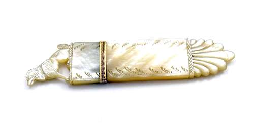 Antique French Charles X Palais Royal Mother of Pearl Needle Case with a Finely Dog Finial