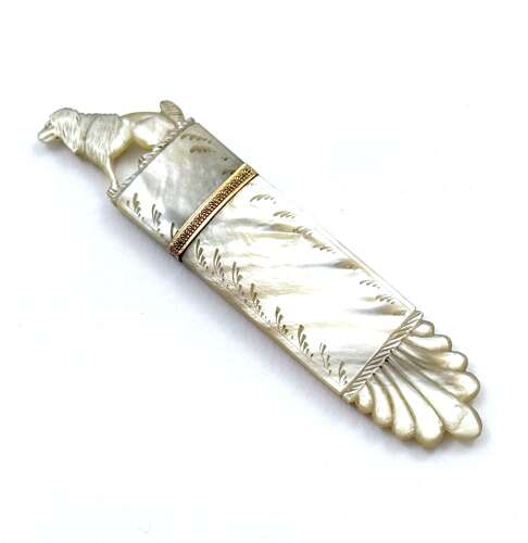 Antique French Charles X Palais Royal Mother of Pearl Needle Case with a Finely Dog Finial