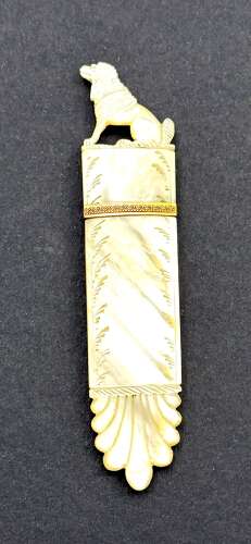 Antique French Charles X Palais Royal Mother of Pearl Needle Case with a Finely Dog Finial